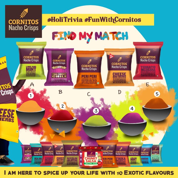 #HoliTrivia #FunWithCornitos Can you match the Cornitosflavors with the Holi colors?
#Like #Share #Comment #Tag