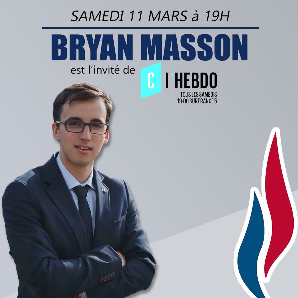 .@MassonBryan, Secrétaire Départemental du #FNJAlpesMaritimes, sera l'invité de @clhebdo5 sur @France5tv le 11 Mars à 19h !