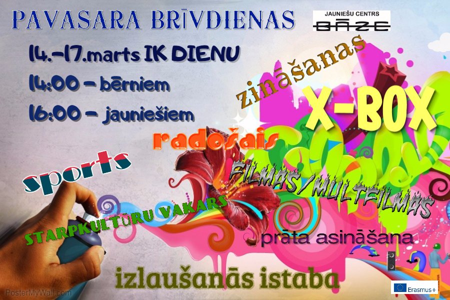 Skolēnu brīvdienas sākušās! No 14.-17.martam JC "Bāze" brīvdienu aktivitātes.