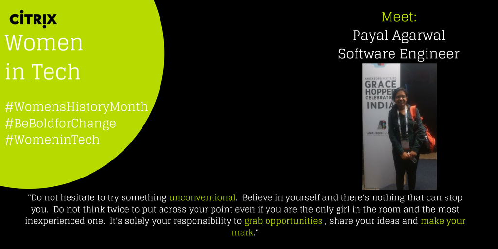 CitrixCareers's tweet photo. Today we spotlight #SoftwareEngineer, Payal, as part of #WomensHistoryMonth Her advice is spot on! #BeBoldForChange #WomenInTech https://t.co/8kZuuC87Iy