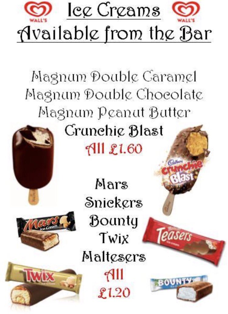 Now available from the bar! #icecream #treatyourself #loungebar #wall's #magnum #snickers #mars #crunchie #twix #bounty #maltesers