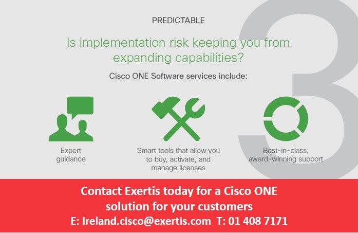 ExertisIreland's tweet photo. Don't let implementation risk slow you growing your business. Cisco ONE is the solution @CiscoDistEMEAR #dccexertisie17 https://t.co/c2cRurt00p
