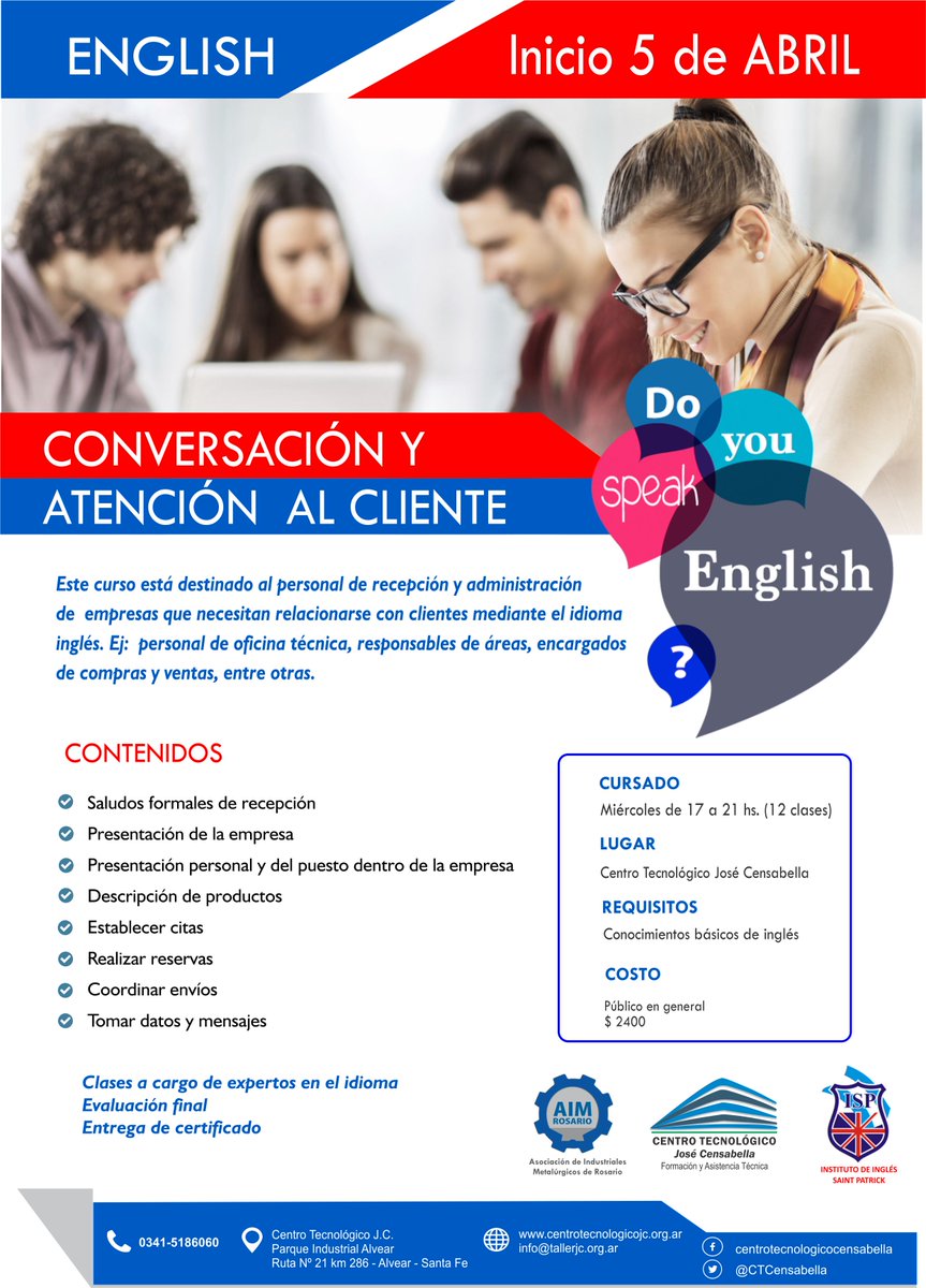 Conversación y atención al cliente en Inglés. Vacantes disponibles. Tel: 0341-5186060