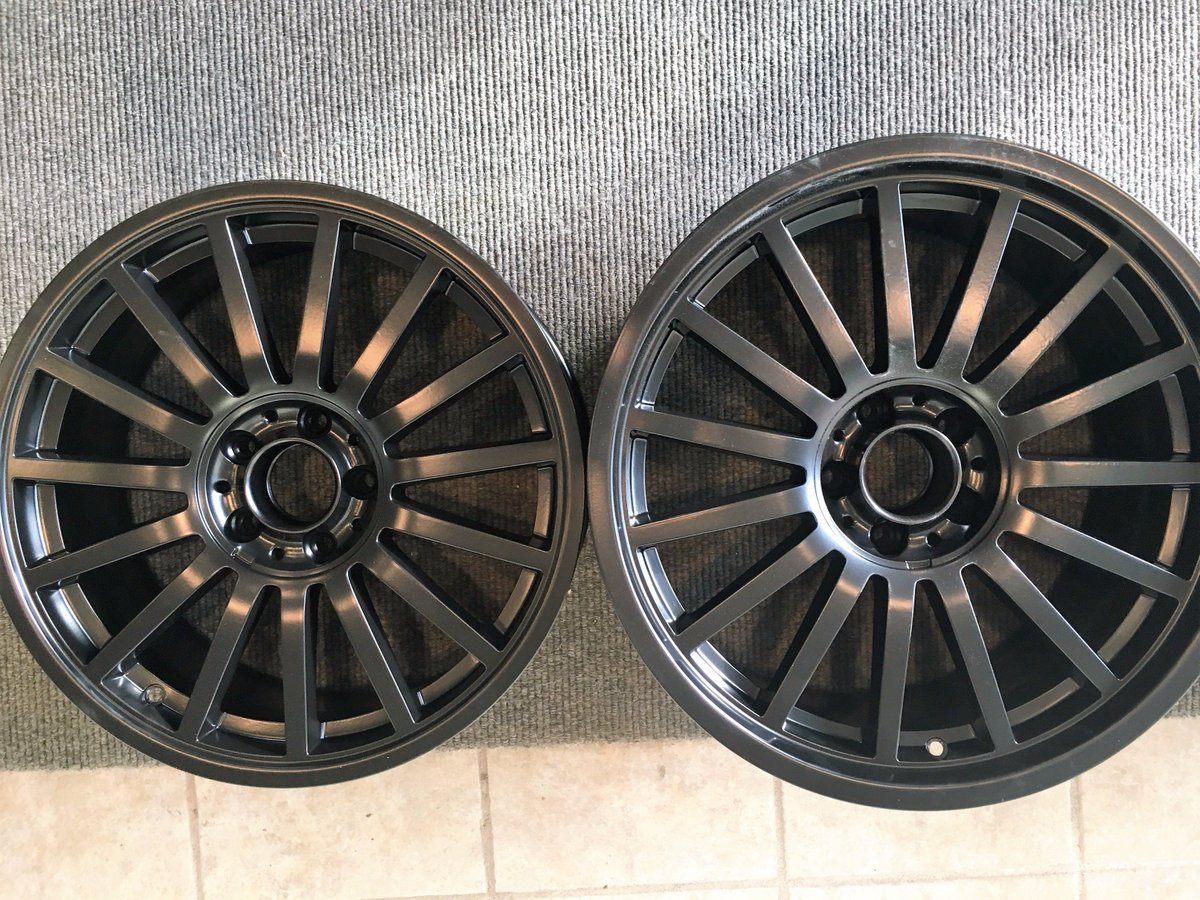 SunsetPowderInc's tweet photo. One happy customer these #wheels look amazing in #semiglossblack ( #sandblast first) #sunsetpowdercoating https://t.co/gb1aLMyC2a
