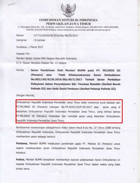 little12angella's tweet photo. Mohon kawal surat @OmbudsmanRI137 #Jatim yg ditujukn kpd @KemenBUMN agr segera dlaksanakan

Cc. @suaedy21 @laodeida1 https://t.co/jOs8U5G8ng