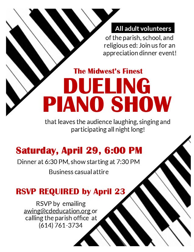 Calling ALL volunteers: join us April 29 for a dueling pianos show! You won't want to miss this -- RSVP is required.