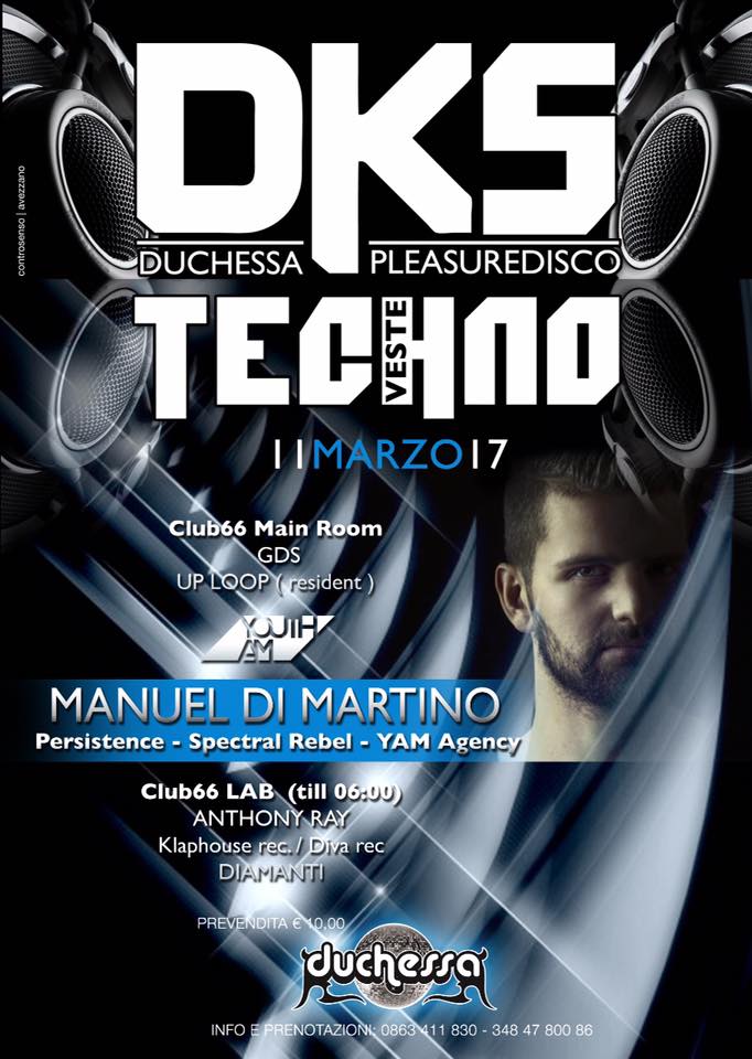 Tomorrow Manuel Di Martino plays at DKS, Club66 in Borgorose, IT #manueldimartino #yamagency #techno #party #persistence #spectralrebel