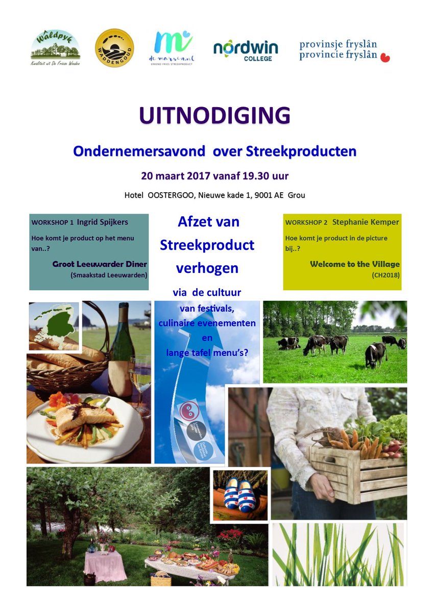 RT! Ondernemersavond Streekproducten 20-03 Grou. Workshops. Fryske Miel . 
Info goo.gl/U0y5je Aanmelden goo.gl/6W3LRN