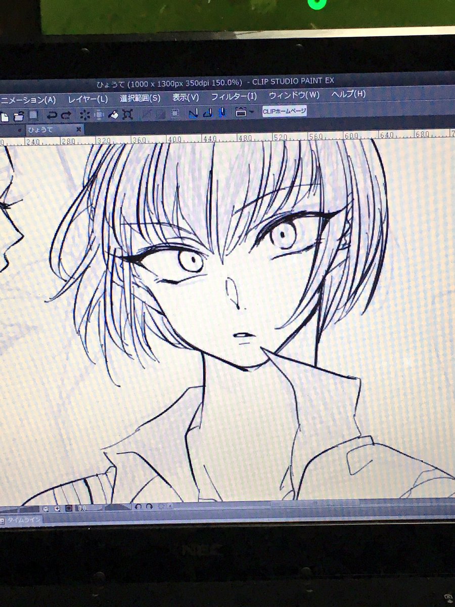 一通り描いたものの、すんげー穏やかな顔になったから整形してた。てにす特有の猫目三白眼っぽい目が割と描けない。 