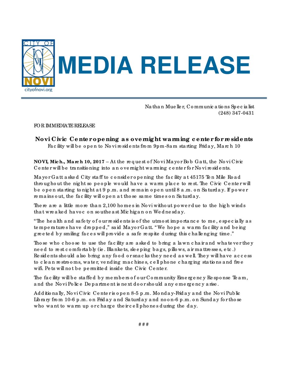 At the request of Mayor <a href="/BobGatt/">Bob Gatt</a>, the Novi Civic Center is staying open overnight Fri. &amp; Sat. as a warming shelter for residents w/o power.