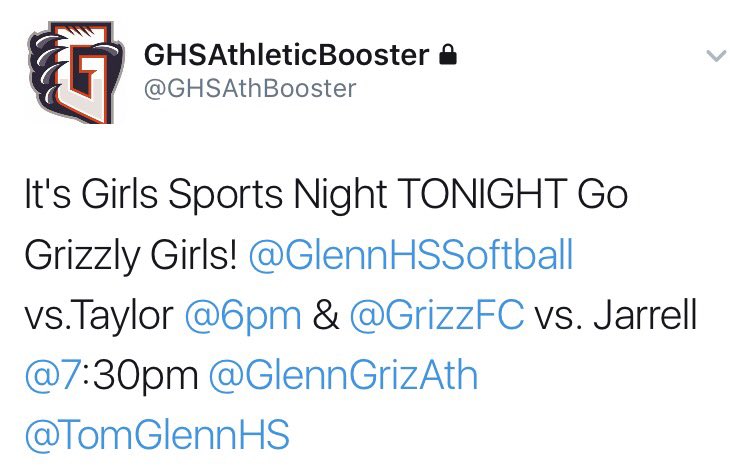 GlennHSSoftball's tweet photo. First HOME district game in the history of @TomGlennHS @GlennHSSoftball! Pack the stands! #WTD #3P @GHSAthBooster https://t.co/OSPNztyzR9
