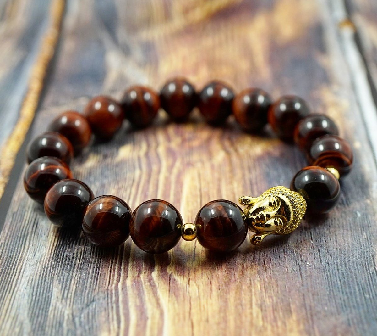 Lucky Buddha - Yellow Gold, CZ Diamond &amp; Red Tiger's Eye 12mm #GentStone #mensbracelet #buddhabeads #buddhabracelet gentstone.com