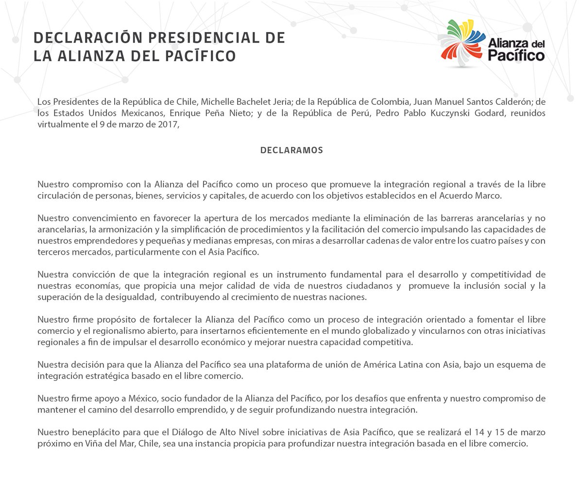 A_delPacifico's tweet photo. #PresidentesAP reiteran su convicción de que la #integraciónregional es  fundamental para el desarrollo de nuestras economías #SomosAP https://t.co/IUVCOF0mB5
