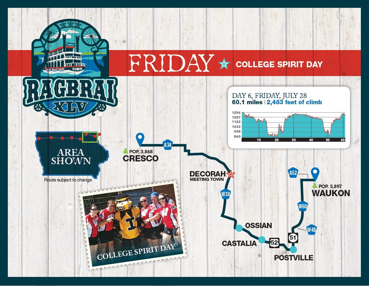 RAGBRAI_IOWA's tweet photo. #RAGBRAI XLV Route Day 5: @crescoia to Waukon! The route travels 60.1 miles as we climb 2,483 feet. https://t.co/QfA3zXZIIr https://t.co/JVYmfttFTZ