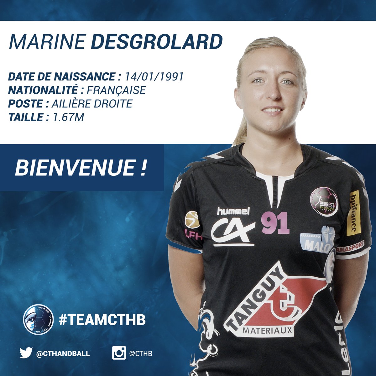 CTHandBall's tweet photo. ❗️[Recrutement] : Marine Desgrolard❗️
⚡️Elle s’engage avec le CTHB pour deux saisons.⚡️
https://t.co/DUHaLdGR6l 
#LFH #UnisetEnConquête https://t.co/mbSZjtbABv