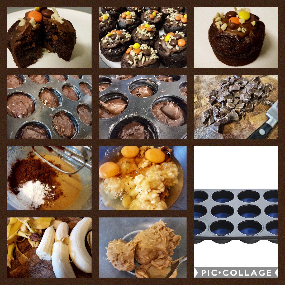 CHOCONUT MUFFINS #glutenfree #chocolate #hazelnut #peanutbutter #honey #banana #flourfree #pushpan #homemade #reecespieces #muffins #yummy