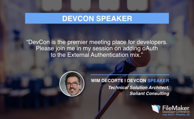 wimdecorte's tweet image. #filemakerdevcon Honored to be speaking again... ready for the EA alphabet soup?  AD, OD, SSO, oAuth,... #DevCon2017