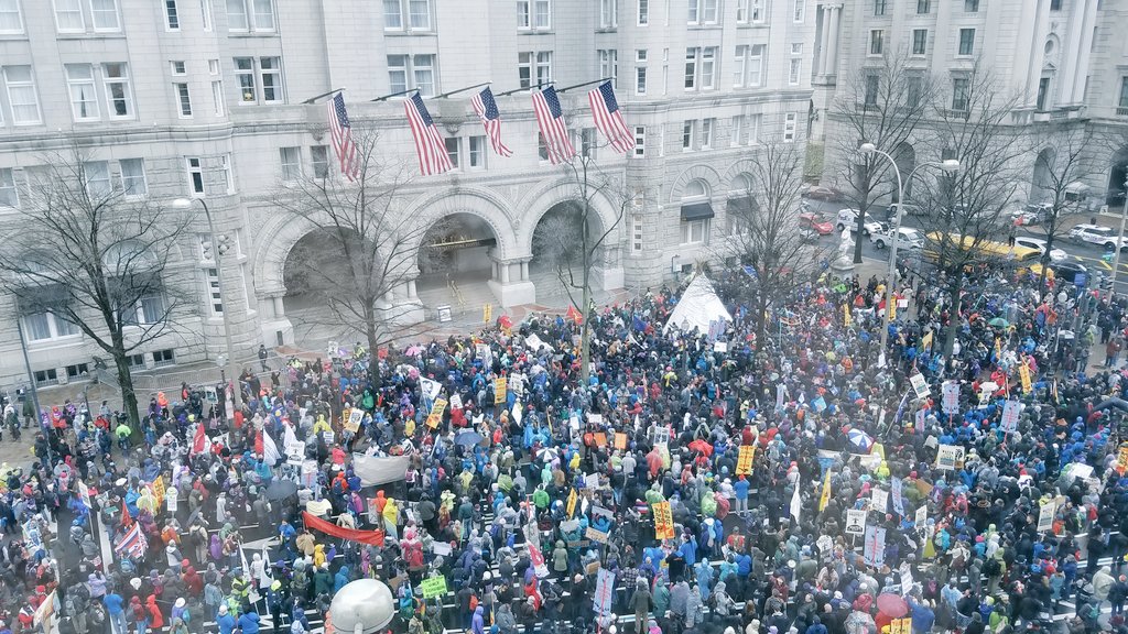 350's tweet image. This is the scene right now in front of Trump Hotel in DC. We will fight to protect our homelands &amp;amp; future generations #NativeNationsRise.