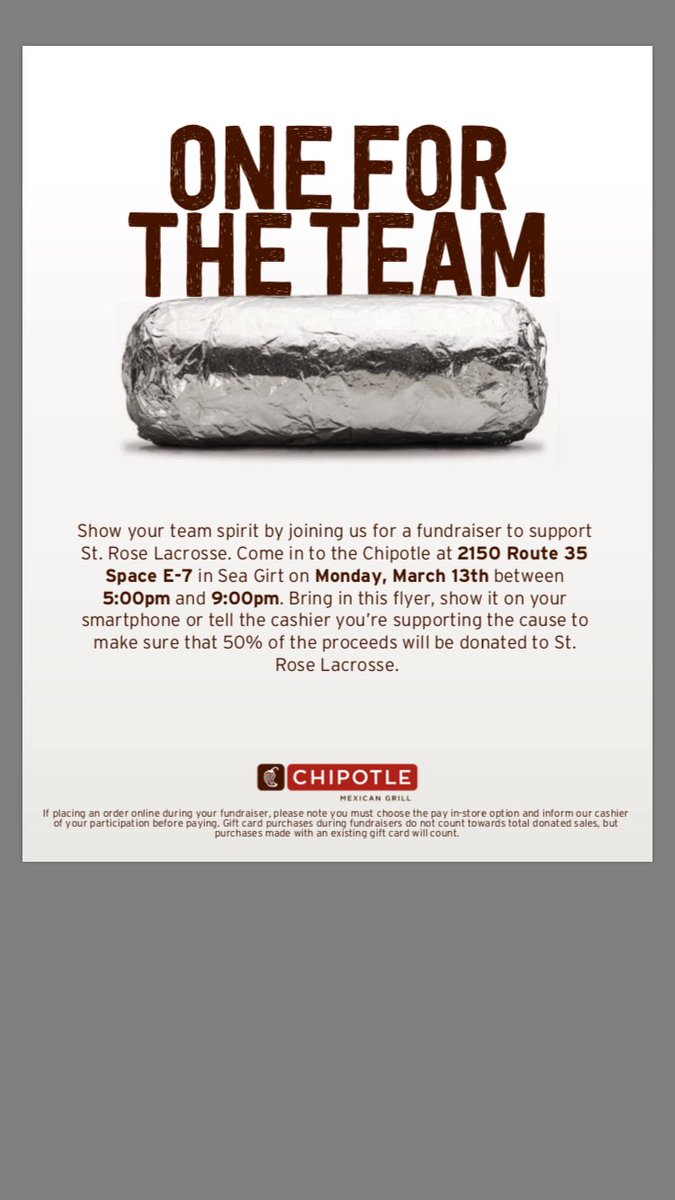 StRoseLacrosse's tweet photo. Chipotle Fundraiser next Monday! Spread the word! @StRoseAD https://t.co/YKIy9fYh20