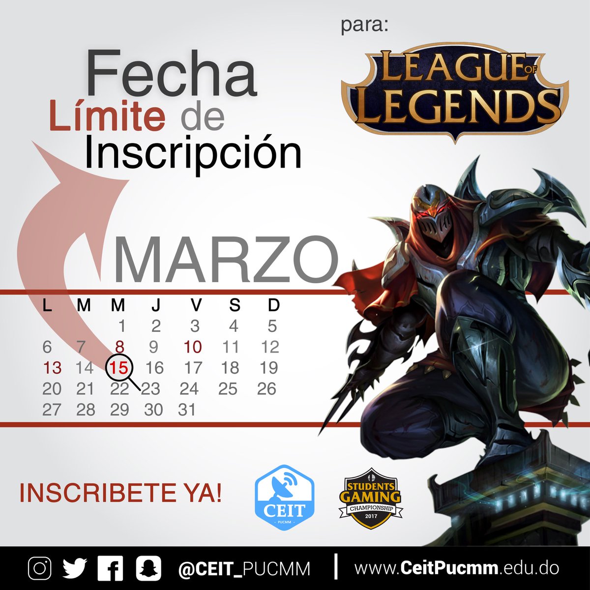 CEIT_PUCMM's tweet photo. Fecha límite de para League Legends. ¿Qué esperas para hacerlo? 👥🏁Visítanos! Estaremos en Centro de Estudiantes. #SGC2k17 #CeitPUCMM https://t.co/hi8iRn944Y
