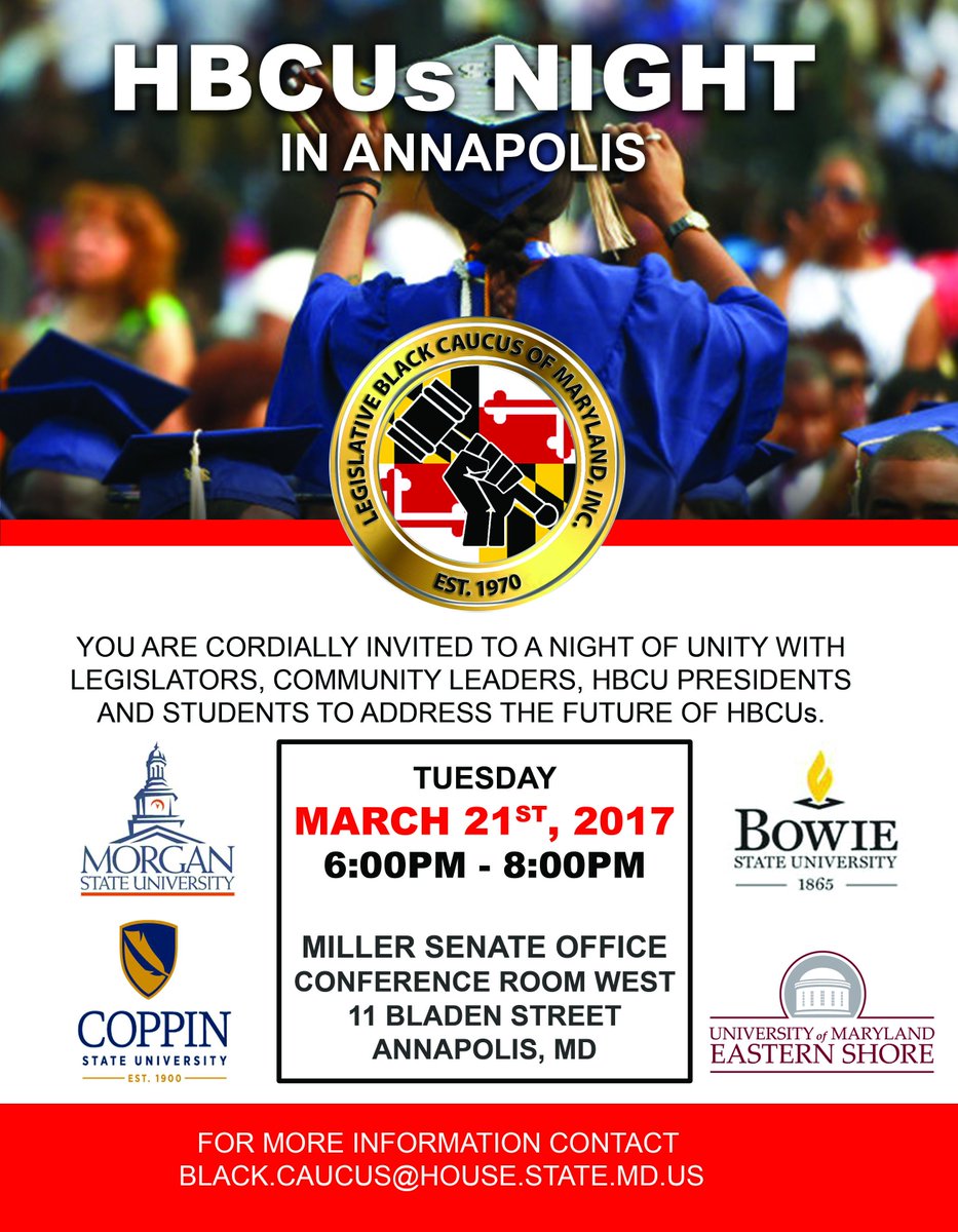 SupportMDHBCUs's tweet photo. #SupportMDHBCUs March 21 from 6-8 p.m. at the Miller Senate Office in Annapolis. @UMESNews @BowieState @MorganStateU @CoppinStateUniv https://t.co/DhR9BJfpSX