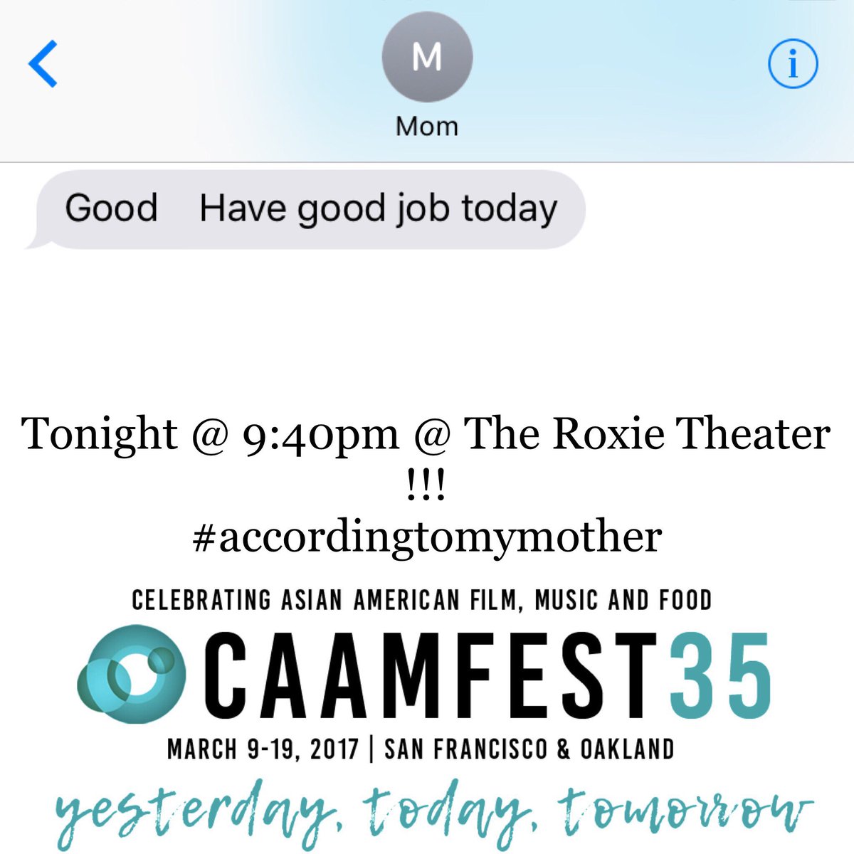 A2MMother's tweet photo. See you tonight!
#momtexts #CAAMfest #CAAMfest2017 #accordingtomymother https://t.co/XWSIcv8W0C