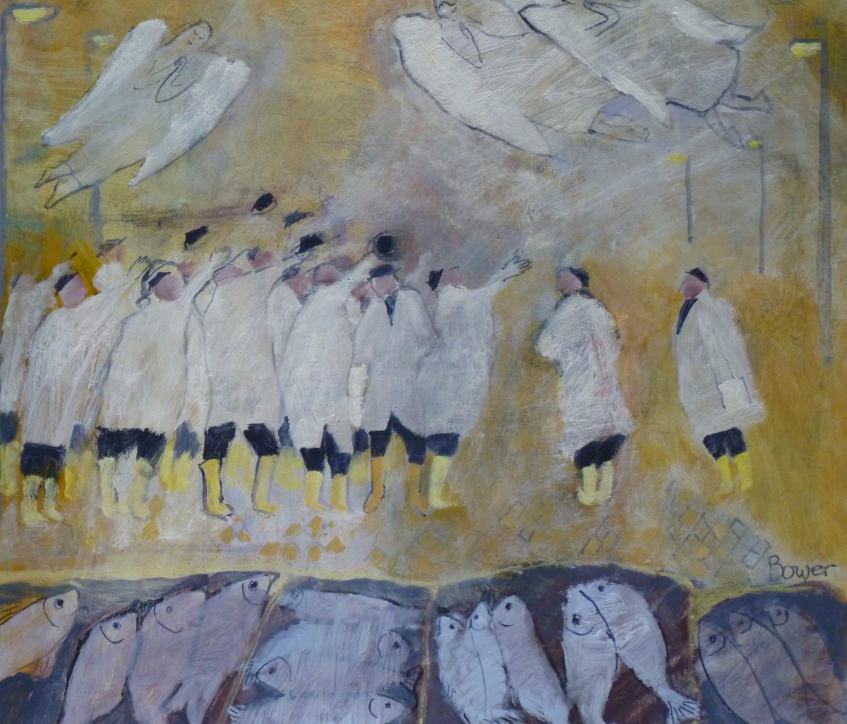 Kentmere_H_Gall's tweet photo. Oil #painting by #SusanBower #ROI 'The fishermen thank the angels' featured in today's #yorkshirepost #culture supplement. https://t.co/6mvWbKxfMJ