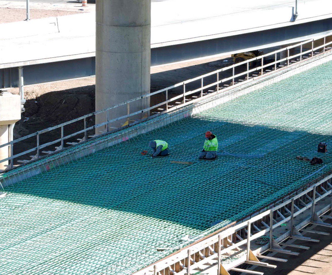 Rebuilt ramp Aramingo Ave to I95 S at BRoss Bridge Int reopened this morning. Workers tie re-bars for new ramp from Aramingo to the bridge.