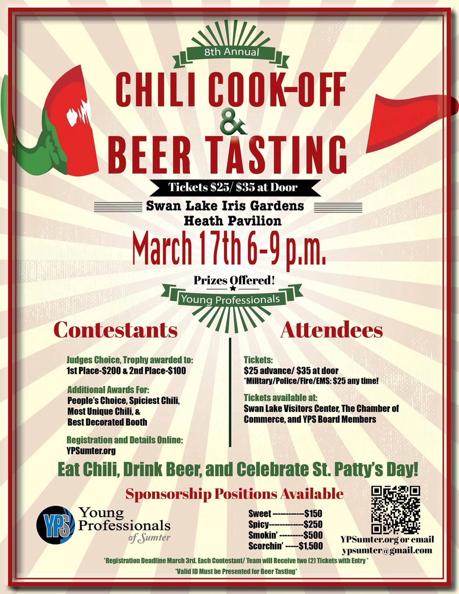 Grab one of our coveted 🏆... join us for the 8th Annual #YPS #chilicookoff Friday, March 17 ypsumter.org