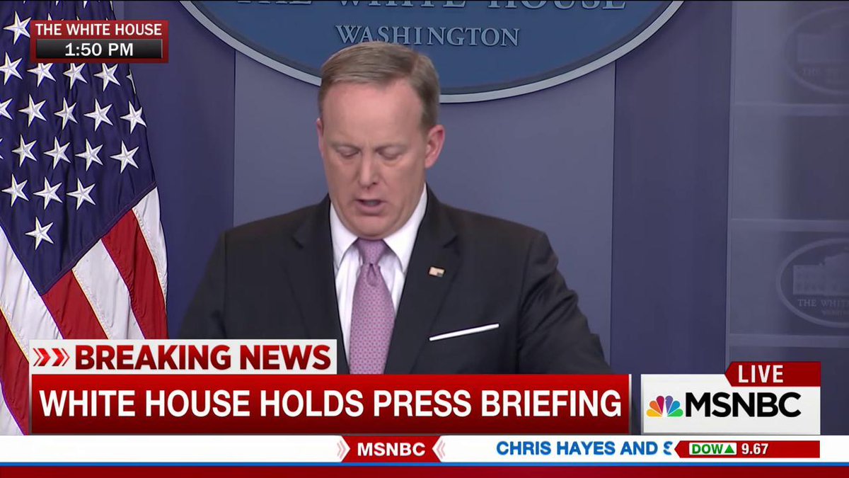 kylegriffin1's tweet image. Sean Spicer&apos;s flag pin is upside down.