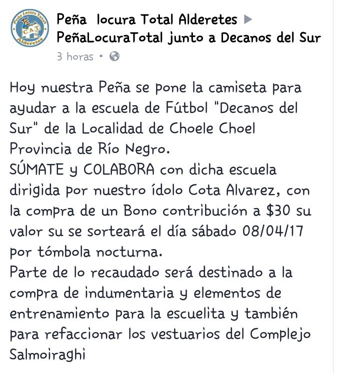 LocuraTotalAld's tweet photo. Peña Locura Total Alderetes junto a Decanos del Sur!
Colabora con la escuela de fútbol dirigida por nuestro idolo "Cota" Alvarez! https://t.co/xhU7t2smGQ