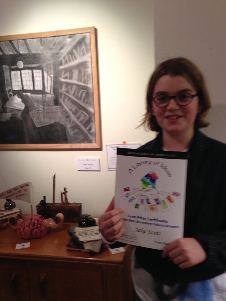 DunhurstArts's tweet image. Jake receiving his first prize for 'Best Secondary School Artwork'  at Salisbury Library tonight for his drawing 'The Library' - whoop whoop