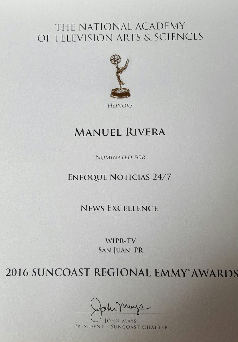 manuelernestopr's tweet photo. Ya llegó mi certificado de los #Emmy2016. Feliz y orgulloso por un trabajo de excelencia mientras dirigí Departamento de Noticias de #wipr. https://t.co/m22VkLorQS