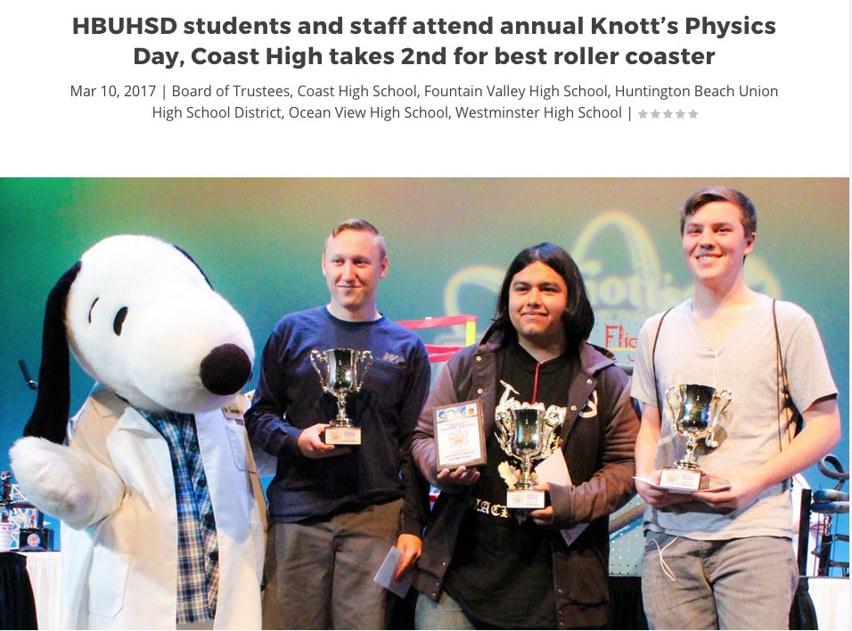 CoastHighSchool's tweet photo. Coast High School cinches 2nd place for "Best Roller Coast" at annual Knott's Physics Day! Congratulations Tritons! https://t.co/0QsBa1DpyE