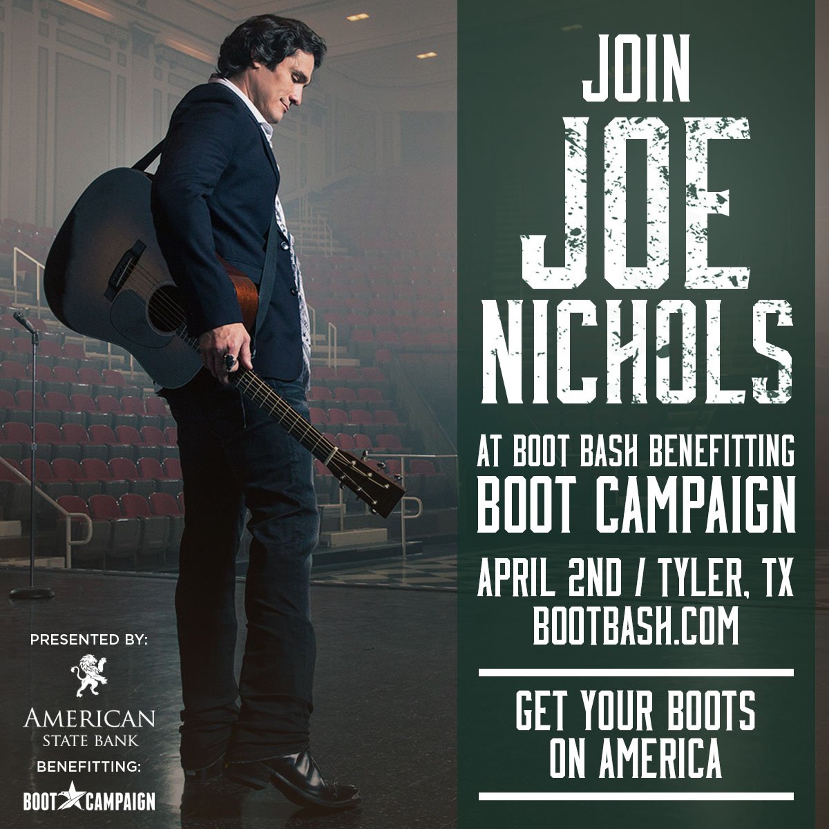 JoeNichols's tweet photo. Join me in Tyler, TX on 4/2 for @BootCampaign #BootBash. https://t.co/ihrMIsaW8h and https://t.co/Y3LLbCRVkH https://t.co/NlxVeaqCyg