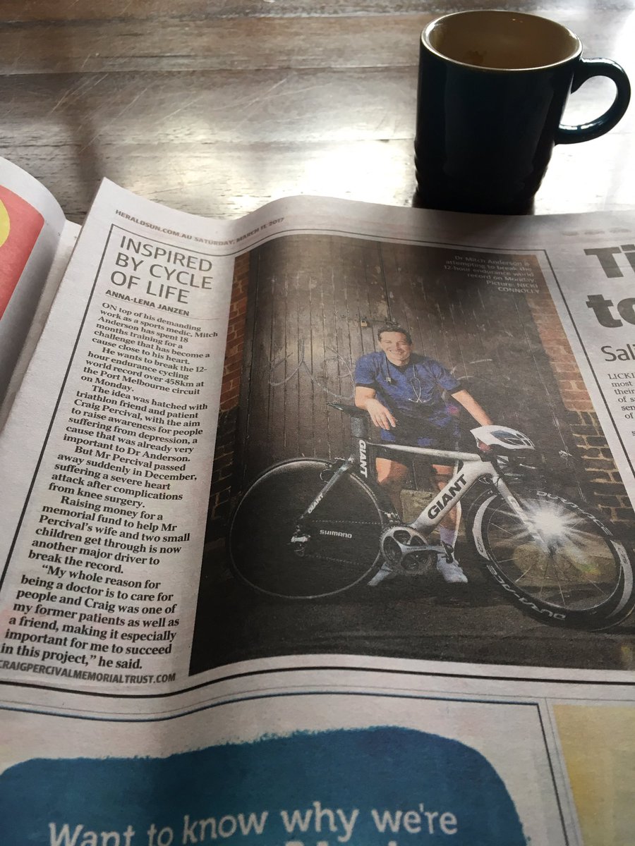 Good to see the <a href="/theheraldsun/">Herald Sun</a> pick up <a href="/DrMitchA/">Dr Mitchell Anderson</a> 's 12 hour #cycling challenge. 👏🏼 #ridelife #goodluckDr 🚴🏻💨👉🏻craigpercivalmemorialtrust.com