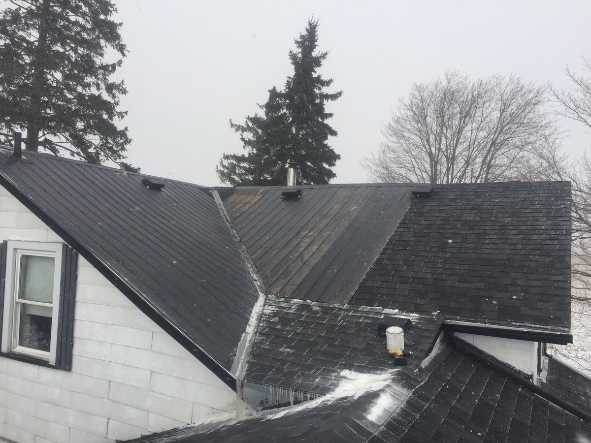 Great windy day to fix a roof from the wind earlier this week, half shingles half tin, whatever keeps you dry #PatentPending #NotForHire