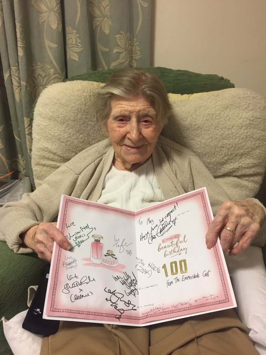 jennabetsworth's tweet photo. Nan is so happy with her 100th birthday card from @emmerdale thank you so much!! #numberonefan https://t.co/9QPK2IkVHz