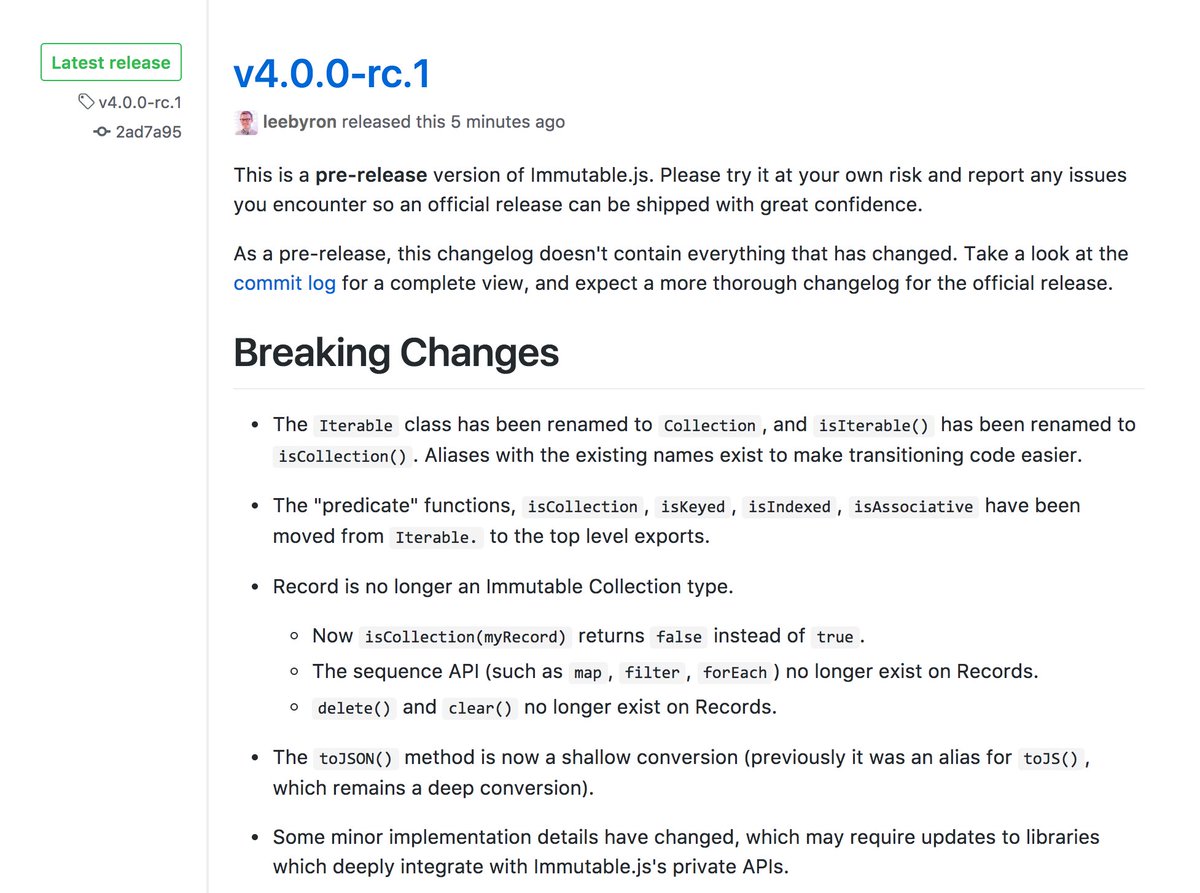 leeb's tweet image. 🎉 Use #immutablejs? Test out v4.0.0-rc.1 and report issues! Massively improved @flowtype and @typescriptlang defs! 
github.com/facebook/immut…