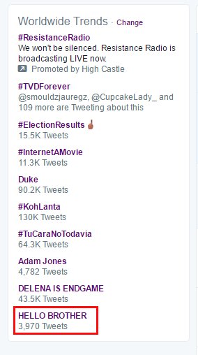 HELLO BROTHER trending Worldwide. #TVDForever