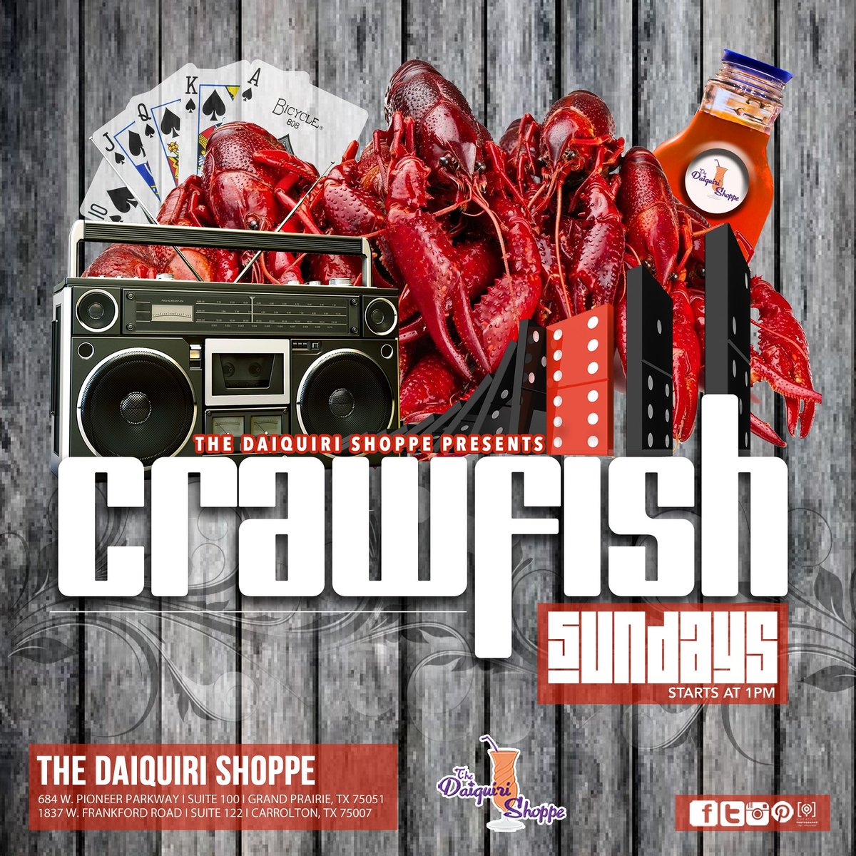 DaiquiriShoppe's tweet photo. Starting #sunday at 1pm #boiledcrawfish by the pound!!! #cornandpotatoes we have the #music #daiquiris #Crawfish bring your spades game!!! https://t.co/VJD35aMqdo