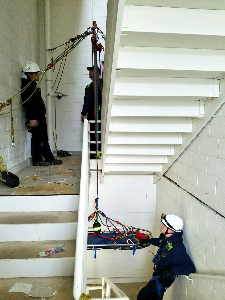 dcfireems's tweet image. Members of Rescue Squad 2 drilling with Arizona Vortex, lowering victim down stairwell at the Soldiers Home. Every Day is a Training Day.
