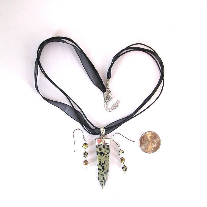 Dalmatian Agate Pendant, Black Ribbon,  Choker, Spear Shaped Pendan… tuppu.net/2f4ee5d6 #Etsy #ValentineDaySale