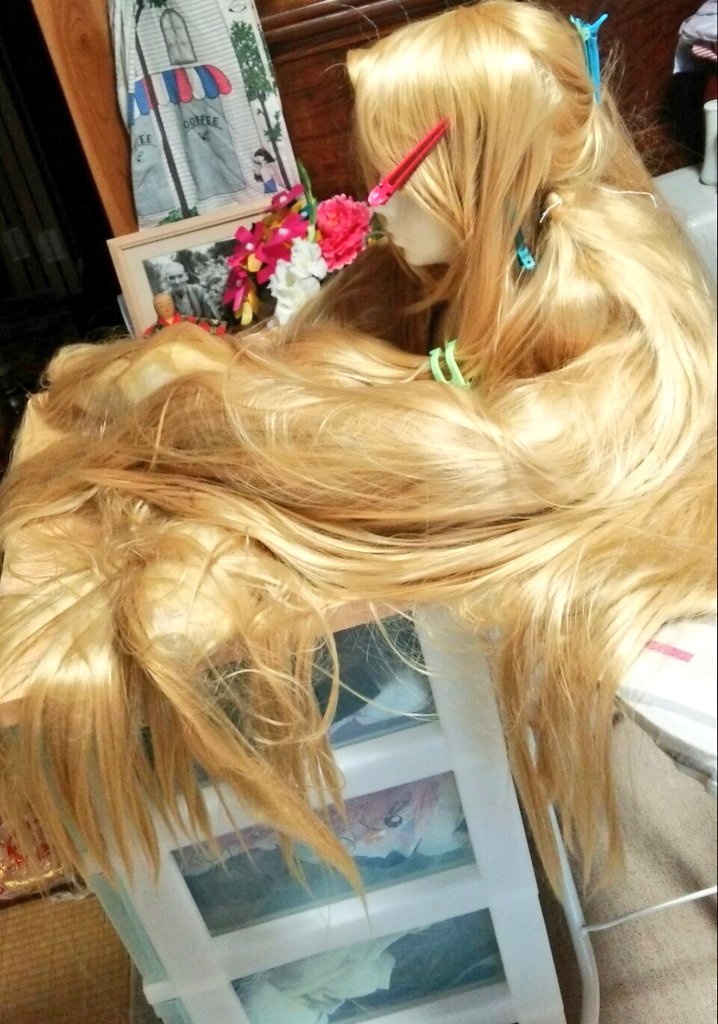 Mari 作業集中しろスマホ閉じろ 衣装じゃなくてウィッグだけど ラプンツェル 1cmウィッグ7個使用 全て解体して 三つ編み 花は映画と同じ色 品種を使用する為県内100均駆けずり回り 配置 数も映画と同じに 重さは首がやられる3 2kg 身体的なドｍが