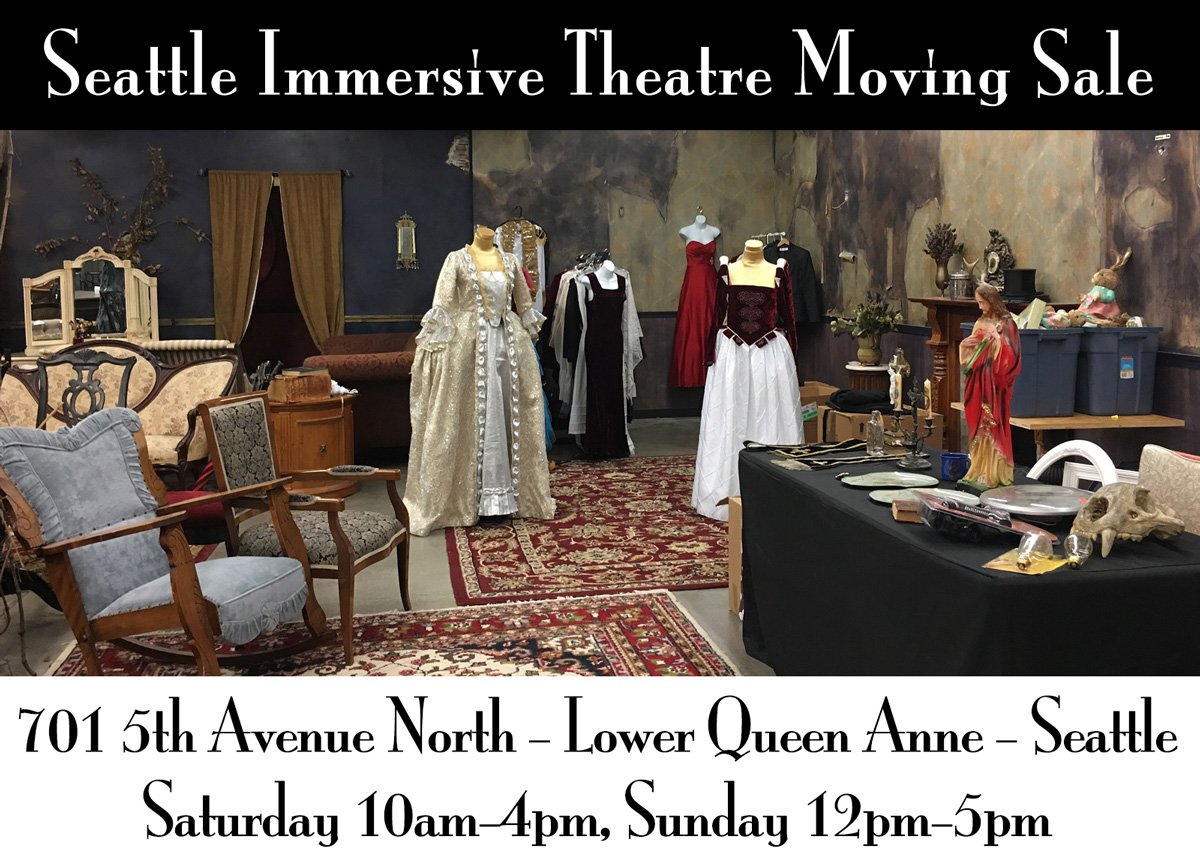 SEAImmersive's tweet photo. Seattle Immersive Theatre Moving Sale Sat 10-4, Sun 12-5 Cash/cards OK Costumes, furniture, props, antiques, bar/kitchen- 701 5th Ave N https://t.co/wd5BMMCeZh