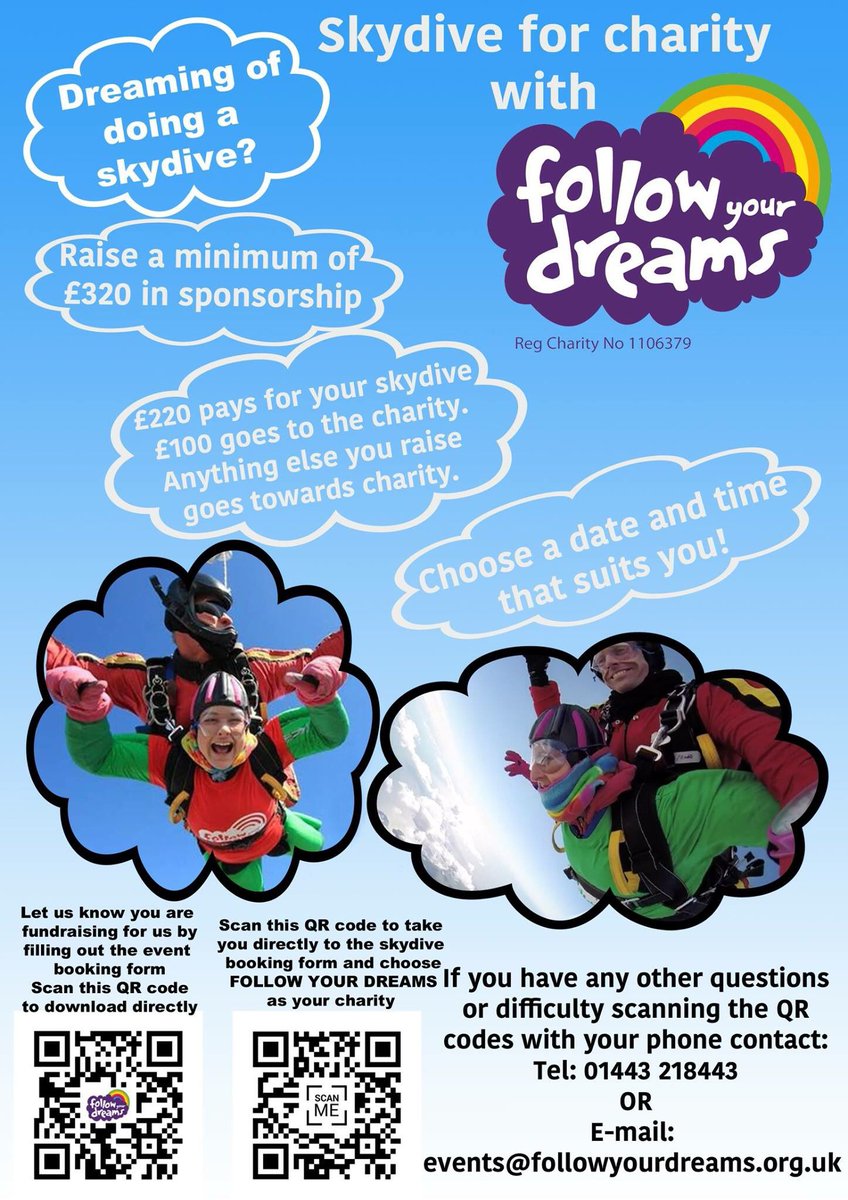 whatdidoes's tweet image. Fancy a challenge? Why not consider a charity sky dive?  For further information or to register scan in the QR code #skydive #charity