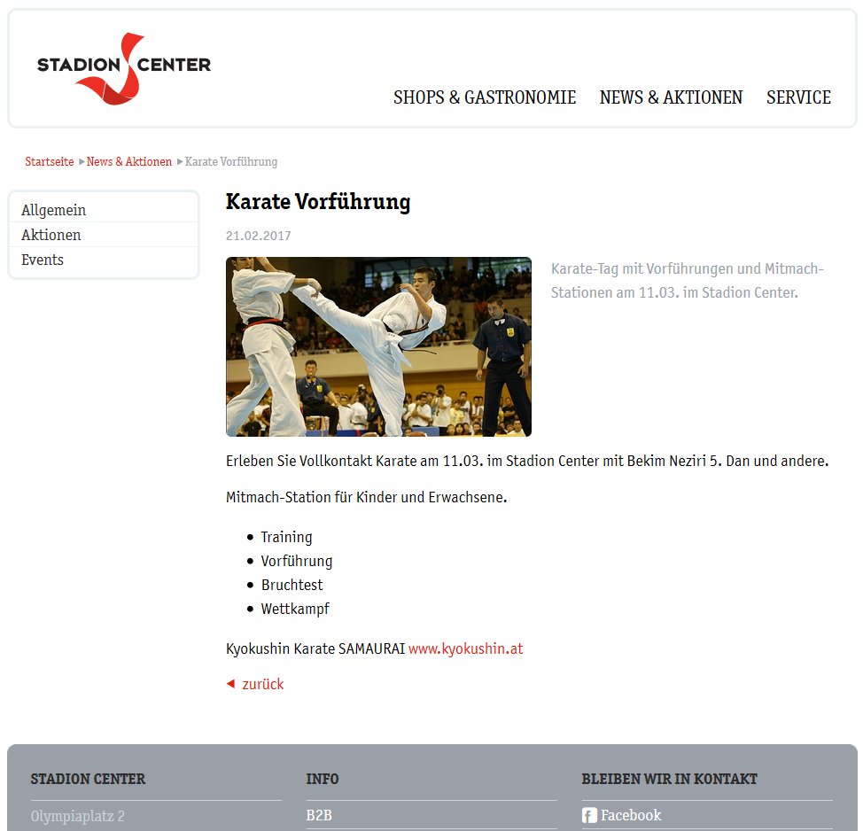 Heute ist es soweit, Kyokushin Vorführung im Stadioncenter, um 11, 14 und 17 Uhr.