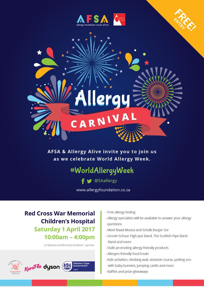 SAallergy's tweet photo. Save the date!  Allergy Carnival 1 April 10am - 4pm, Red Cross Children's Hospital, Rondebosch Cape Town - see our flyer &amp; website for more! https://t.co/VuxZYcKiL5