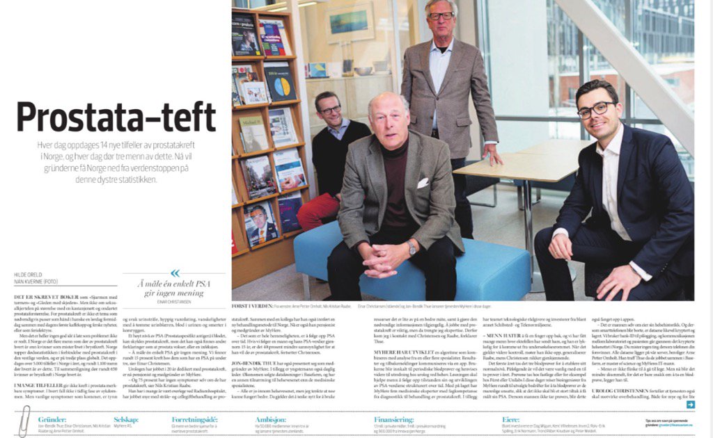 TrondRiiber's tweet photo. Great coverage today in Finansavisen for our #prostatecancer #screening service provider - #MyHere https://t.co/0nBRLDbBrL