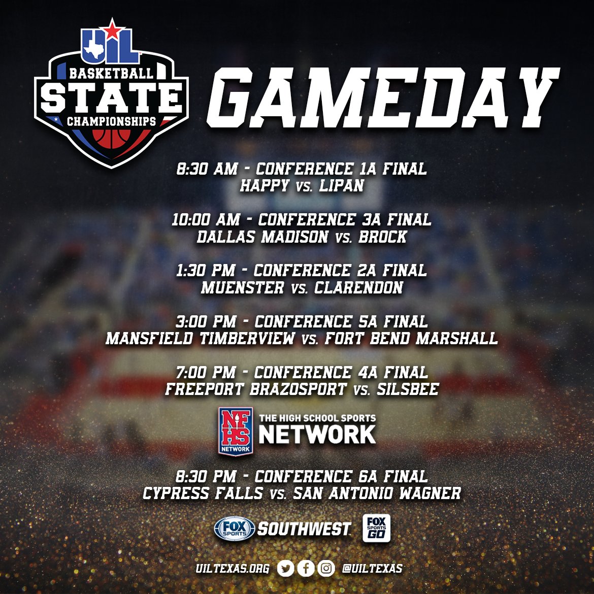 uiltexas's tweet photo. It's #UILState Championship Saturday! Watch boys #txhshoops action live on @NFHSNetwork &amp; 6A final tonight on @FOXSportsSW. https://t.co/sDYdFlWAcB